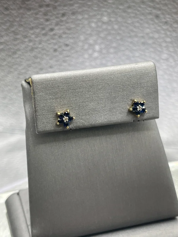 Handcrafted Pearl Earrings-Ladies 10 Karat Solid Yellow Gold Blue Sapphire and Diamond Floral Earrings