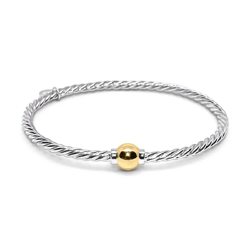 Customizable Leather Bracelet for Teenagers-Braided Cape Cod Ball Bracelet in Sterling Silver with a 14K Yellow Gold Ball