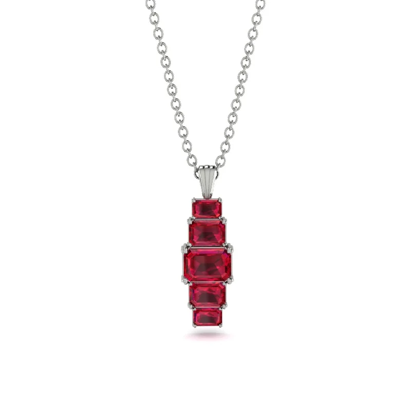 Handmade Silver Necklace with Gemstones-Emerald Cut Ruby Stairs Necklace - Briella No. 57