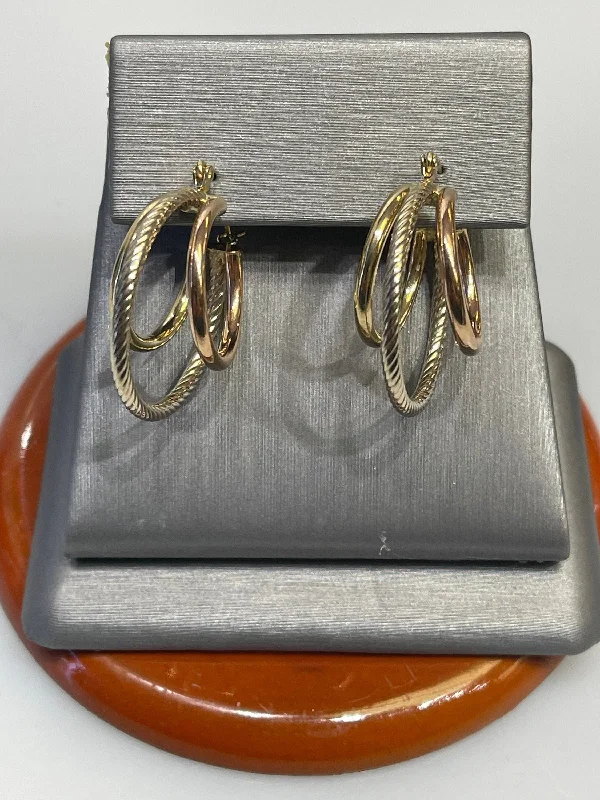 Silver Stud Earrings for Women-14 Karat Tricolor Gold Hoop Earrings Pierced 3 Hoop Design