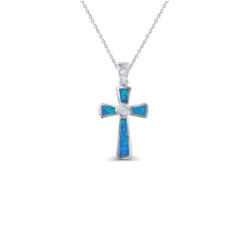 Personalized Necklace with Couple’s Initials-Blue Opal Cross Pendant (14K)