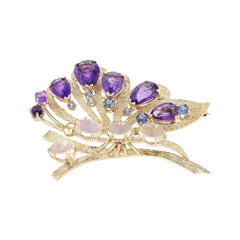 Brooch With Soft Pastel Colors-14K Yellow Gold Amethyst, Sapphire and Moonstone Brooch