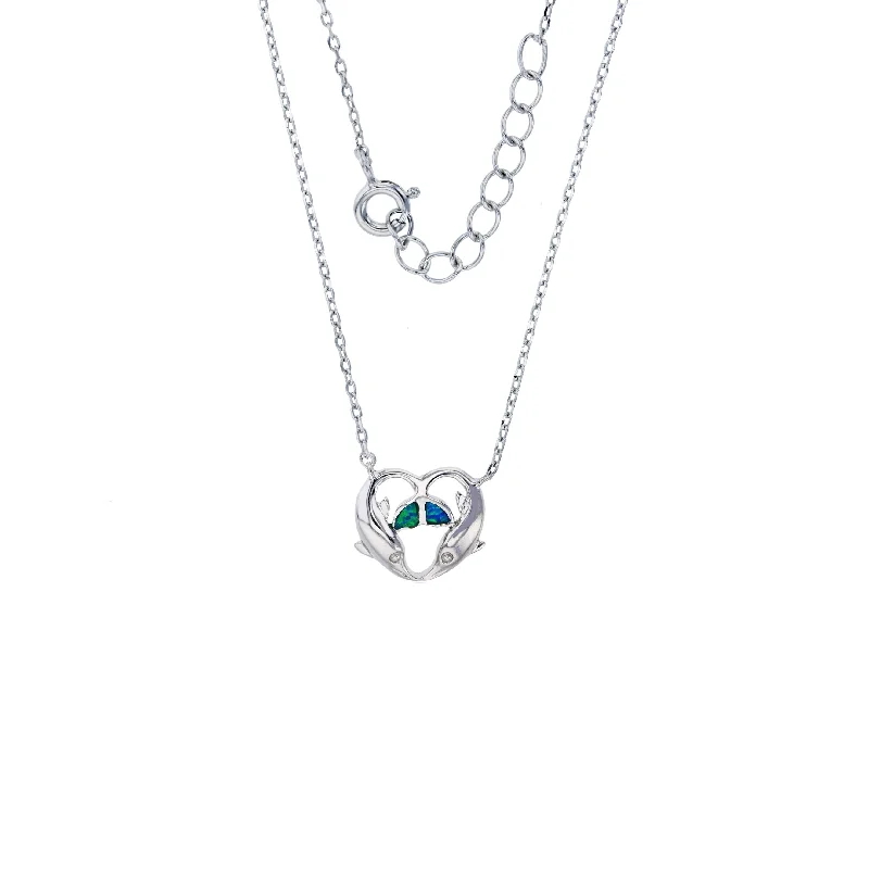 Classic Pearl Necklace for Weddings and Events-Blue Opal Dolphin Heart Necklace (Silver)