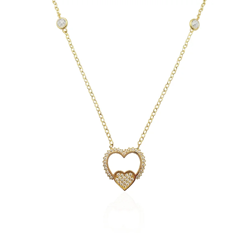 Simple Gemstone Necklace for Casual Outfits-Double Heart CZ Pendant Necklace (14K).