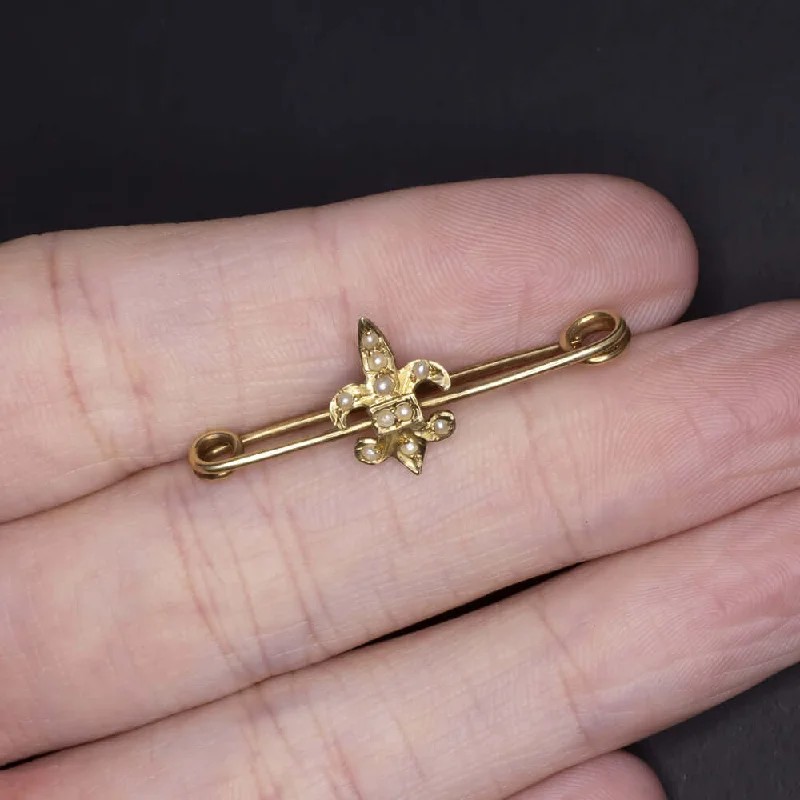 Brooch For Weddings-ANTIQUE SOLID 14K YELLOW GOLD SEED PEARL PIN FLEUR DE LIS BROOCH ESTATE