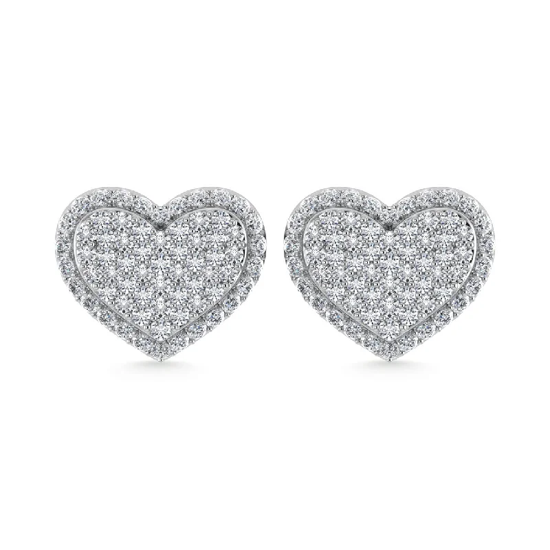 Silver Stud Earrings for Women-Diamond 1 Ct.Tw. Heart Earrings in 10K White Gold