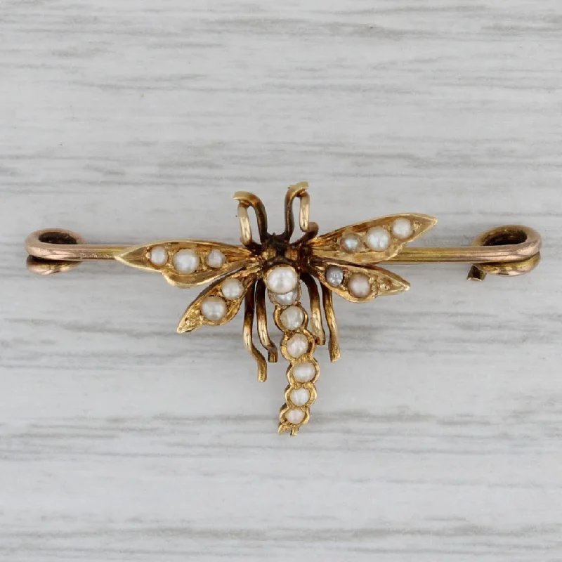 Brooch With Seasonal Colors-Vintage Pearl Flying Insect Pearl Pin 10k 14k Yellow Gold Brooch