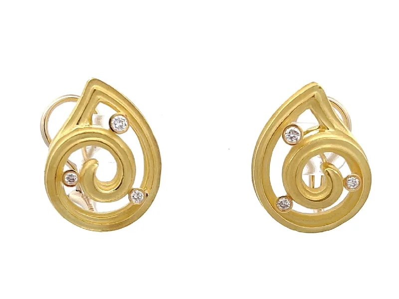 Classic Diamond Hoop Earrings-Diamond Swirl Frosted Finish Earrings in 14k Yellow Gold