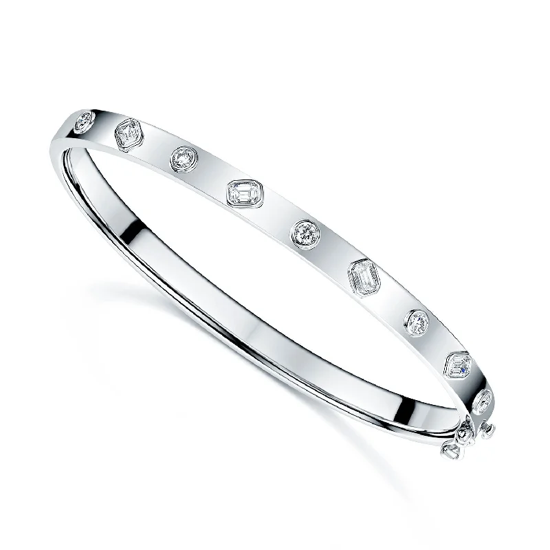 Trendy Silver Bangles with Semi-precious Stones-18ct White Gold Emerald Cut And Round Brilliant Cut Diamond Bangle