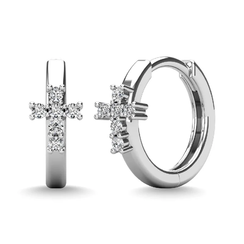 Extra Long Earrings for Women-10K White Gold 1/8 Ctw Diamond Cross Hoop Earrings