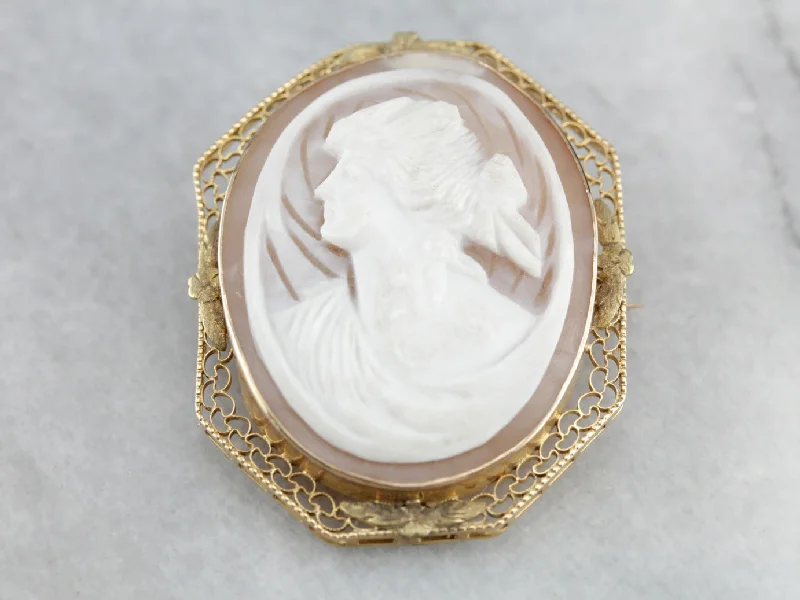 Vintage Style Brooch-Art Nouveau Cameo Gold Filigree Pendant or Brooch