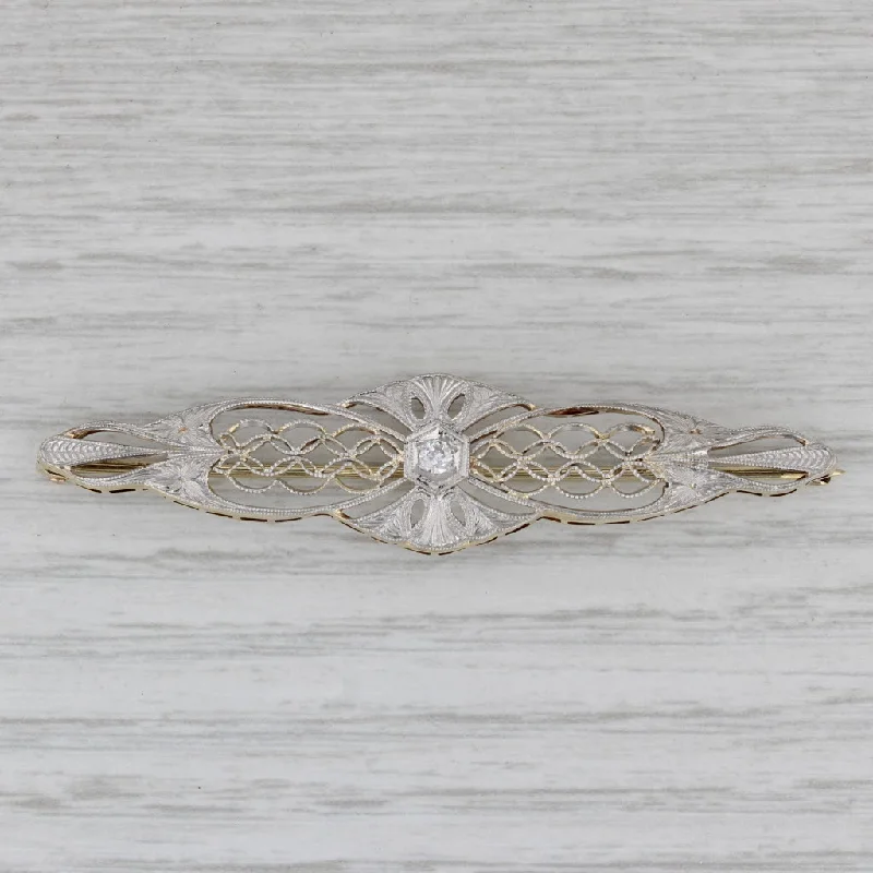 Flower Brooch-Vintage Diamond Filigree Bar Pin 14k Gold Platinum Brooch