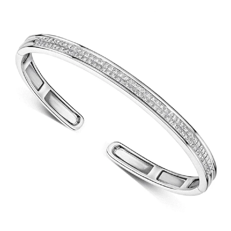 Trendy Gold Bangles with Mixed Gemstones for Casual Wear-18ct White Gold Princess Cut Diamond Hinged Bangle