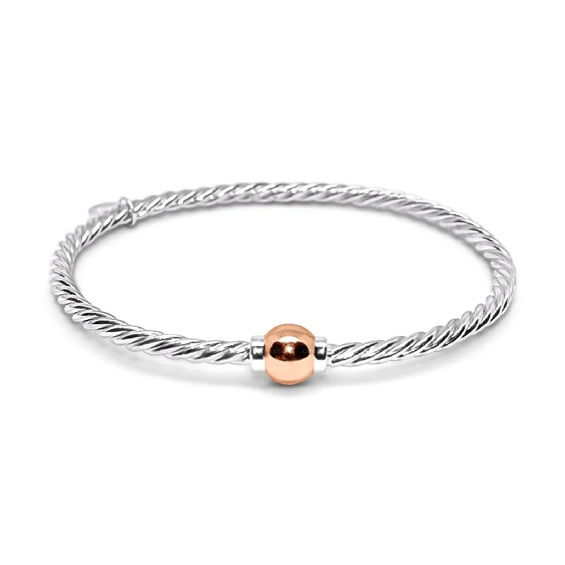 Classic Silver Bracelet with Engraved Charms-Braided Cape Cod Ball Bracelet in Sterling Silver with a 14K Rose Gold Ball