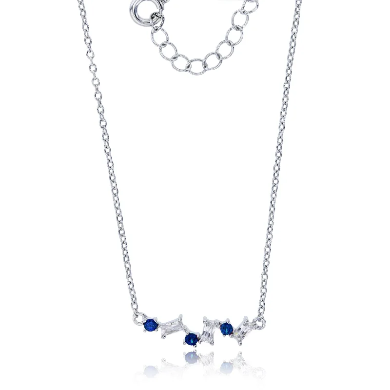 Simple Necklace with Gold Pendant for Brides-Pave Floating Blue Spinel Round Cut & White Baguette (Silver)