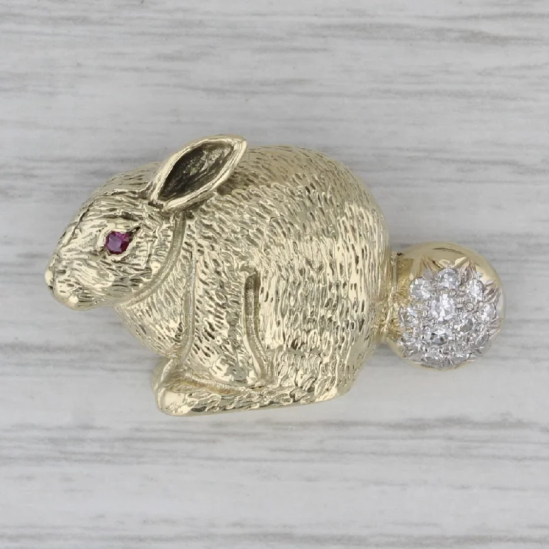 Custom Brooch-0.18 ctw Diamond Ruby Bunny 14K Yellow Gold Rabbit Brooch