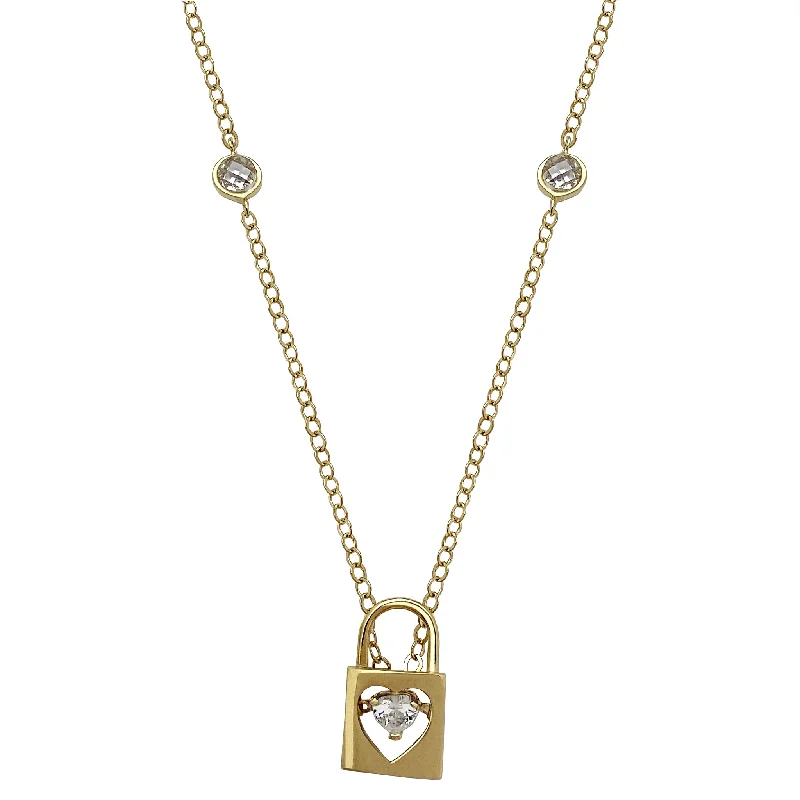 Simple Chain Necklace with Pendant-Heart Padlock Station Necklace (14K)