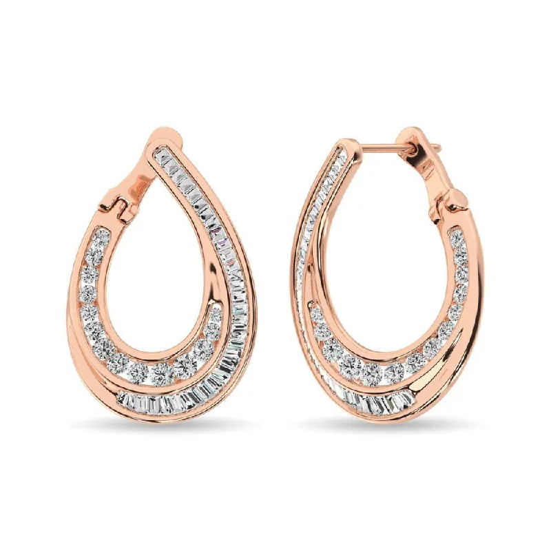 Bridesmaid Earrings for Weddings-Diamond 1 Ct.Tw. Round and Baguette Hoop Earrings in 14K Rose Gold