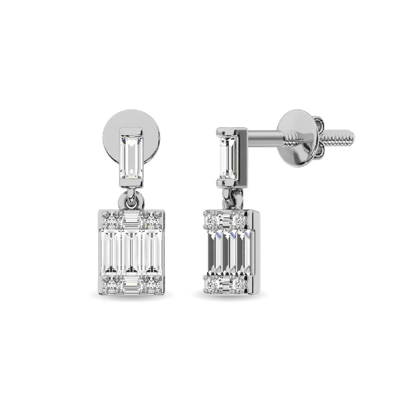 Minimalist Diamond Earrings-Diamond 1/4 Ct.Tw. Round and Baguette Fashion Earrings in 14K White Gold