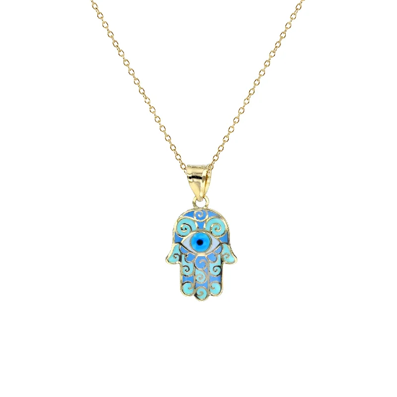 Luxury Gold Necklace for Brides-Colorful-Enameled Light Blue Evil Eye Hamsa Hand Necklace (14K)